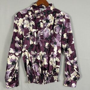 The Tog Shop Shirt Top Women's 6 Purple Floral Shoulder Pads Smocked Hem Popover
